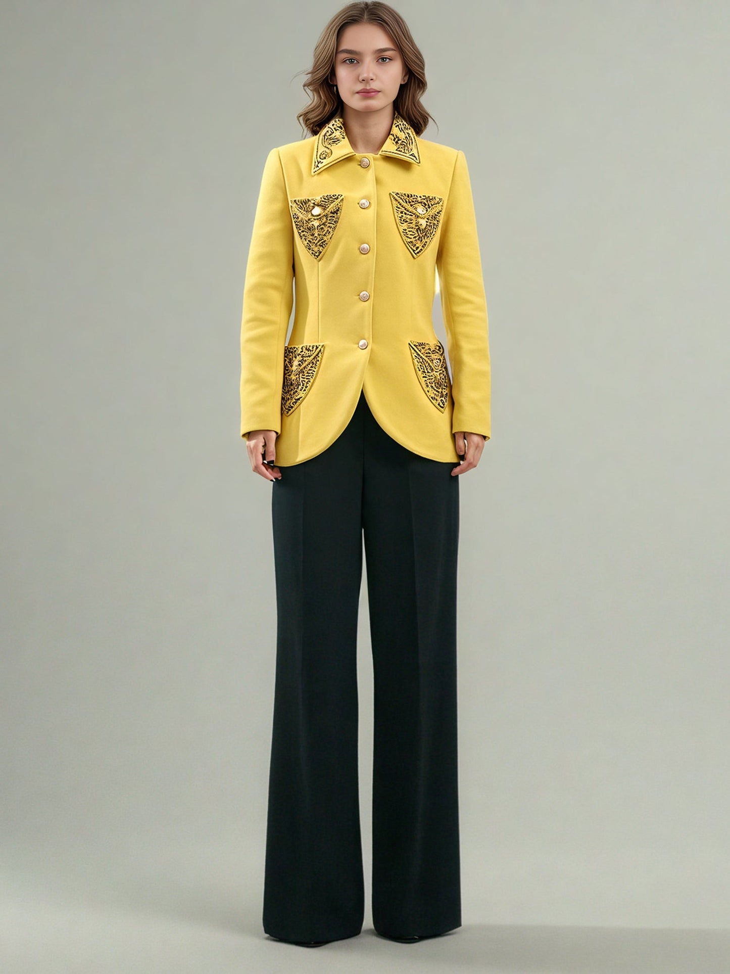 Yellow Blazer with Beaded Embellished Collar & Pockets - SISPELL