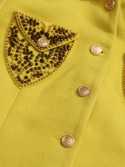 Yellow Blazer with Beaded Embellished Collar & Pockets - SISPELL
