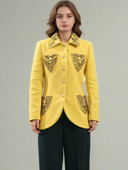 Yellow Blazer with Beaded Embellished Collar & Pockets - SISPELL
