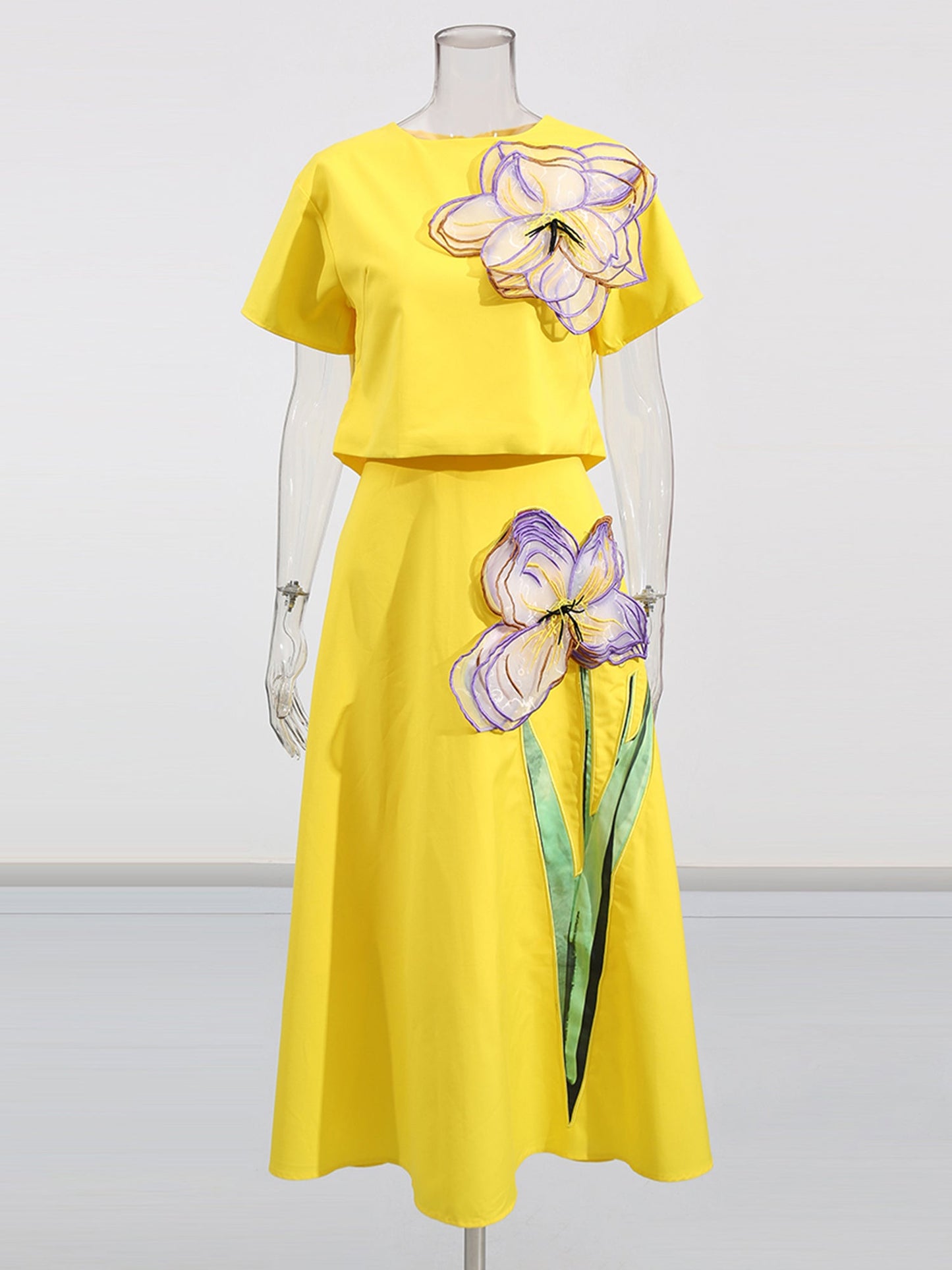 Yellow Floral Appliqué Crop Top & Midi Skirt Set - SISPELL