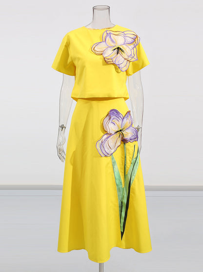 Yellow Floral Appliqué Crop Top & Midi Skirt Set - SISPELL