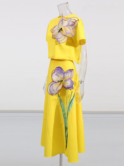 Yellow Floral Appliqué Crop Top & Midi Skirt Set - SISPELL