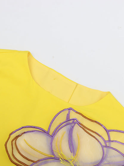 Yellow Floral Appliqué Crop Top & Midi Skirt Set - SISPELL