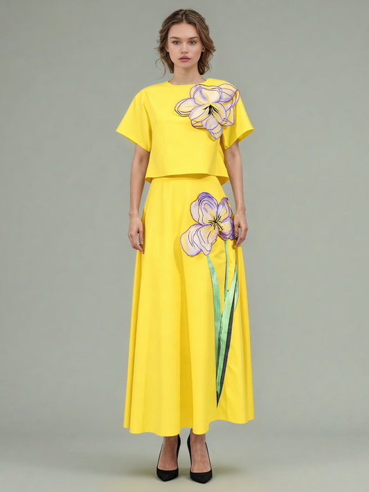 Yellow Floral Appliqué Crop Top & Midi Skirt Set - SISPELL