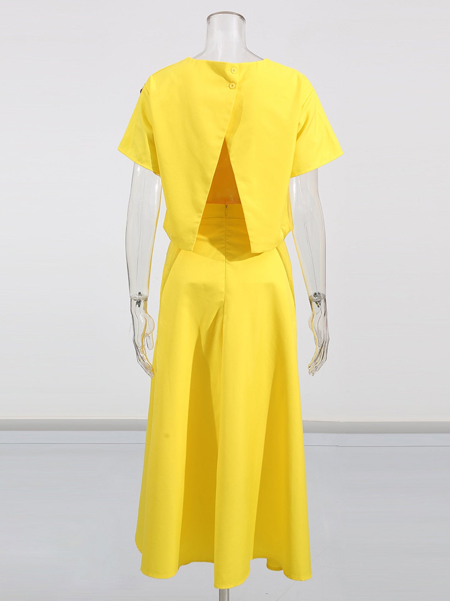 Yellow Floral Appliqué Crop Top & Midi Skirt Set - SISPELL