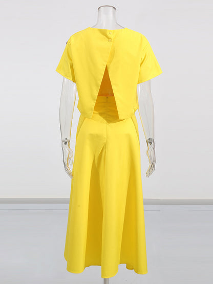 Yellow Floral Appliqué Crop Top & Midi Skirt Set - SISPELL