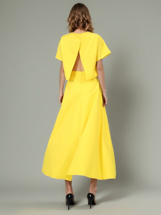 Yellow Floral Appliqué Crop Top & Midi Skirt Set - SISPELL