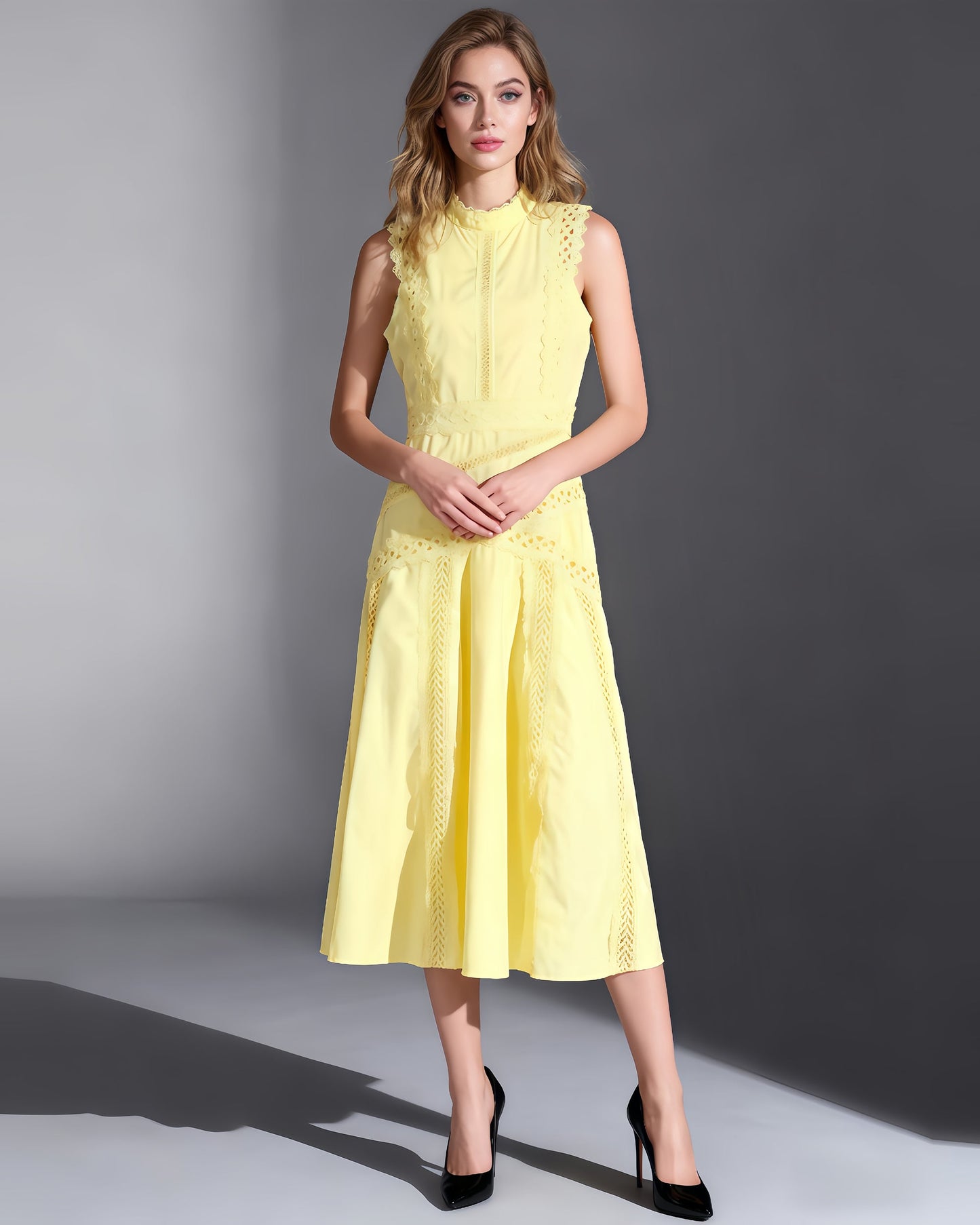 Yellow Lace Sleeveless Midi Dress - SISPELL