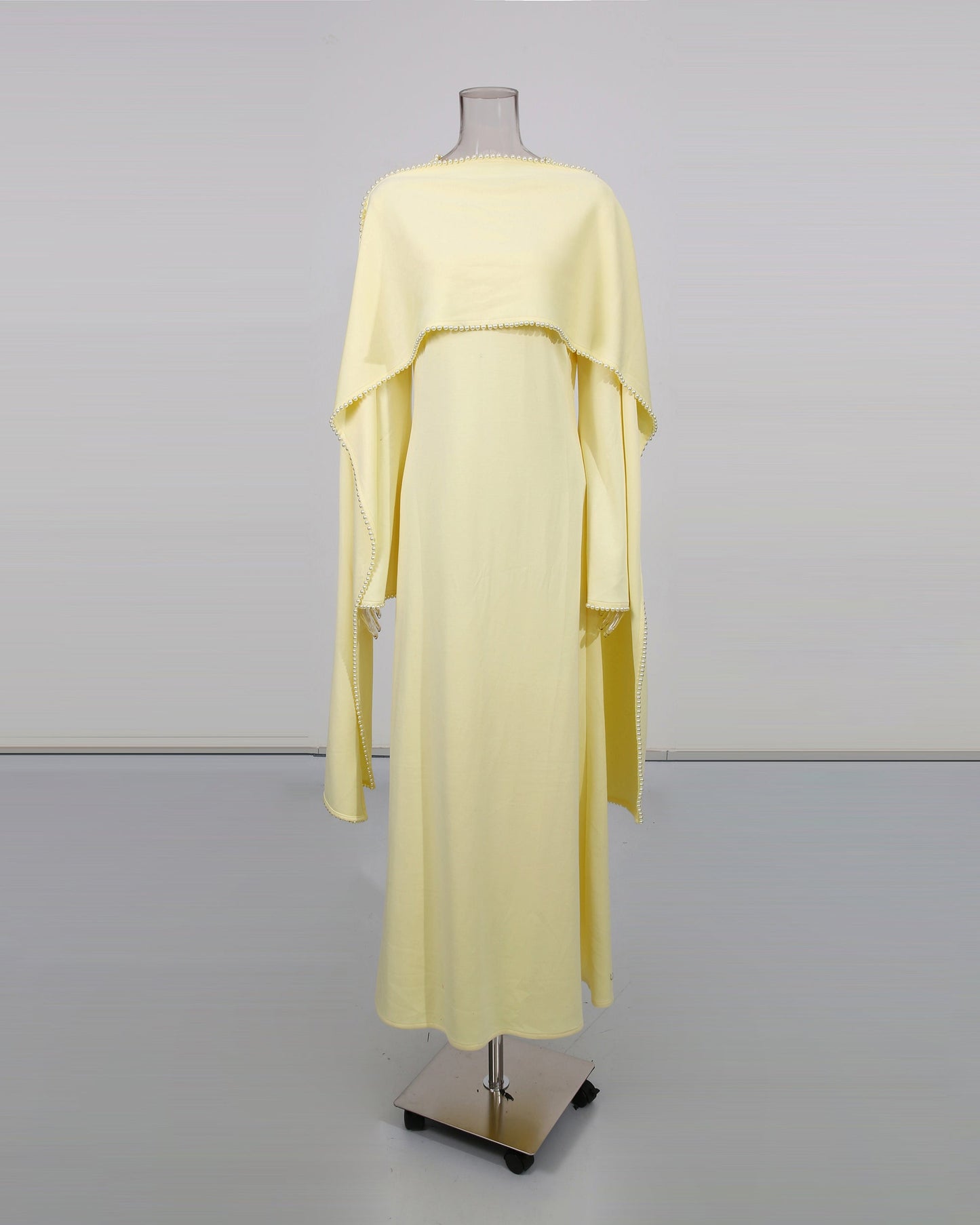 Yellow Maxi Dress with Pearl - Trimmed Cape Sleeves - SISPELL