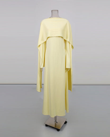 Yellow Maxi Dress with Pearl - Trimmed Cape Sleeves - SISPELL