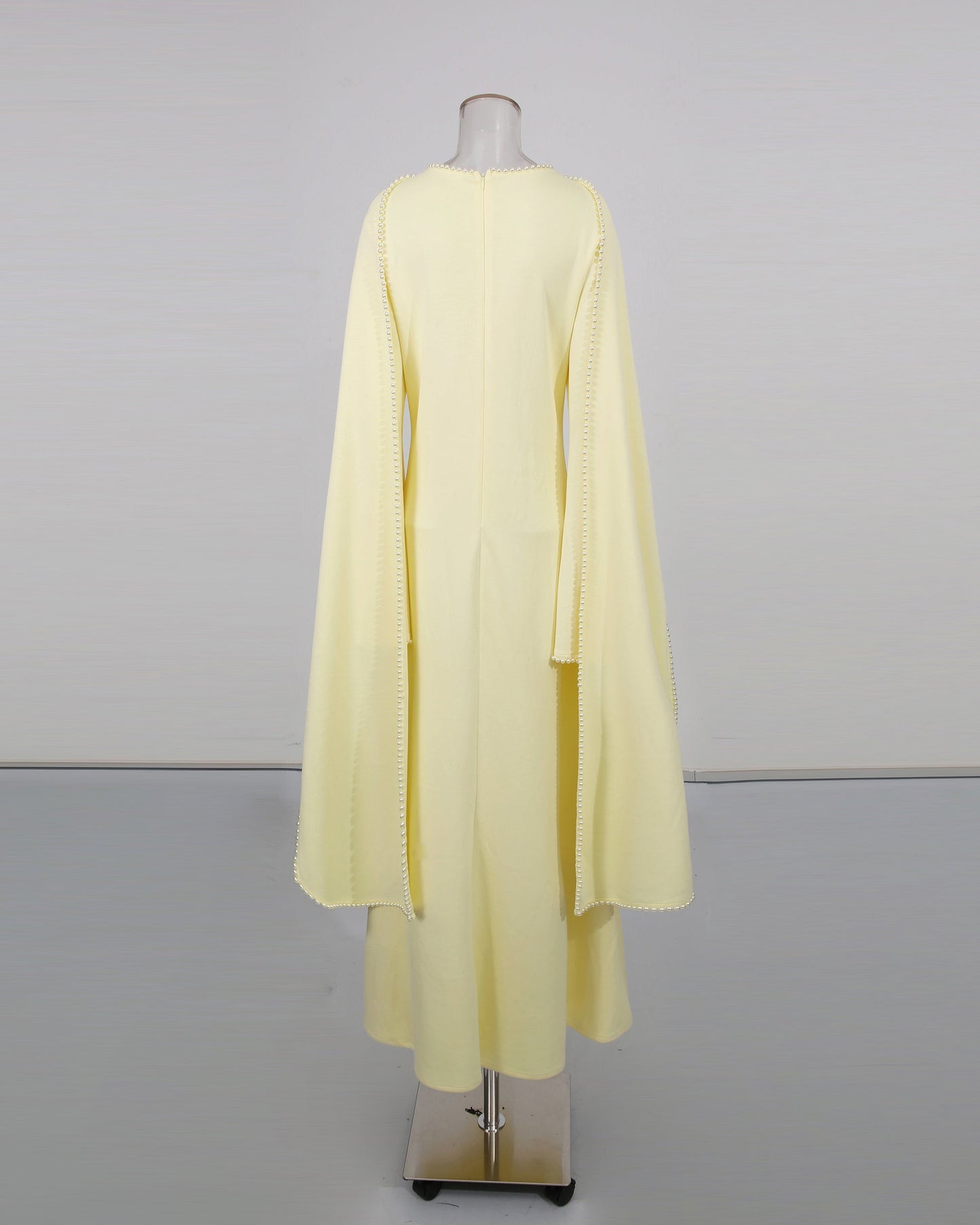 Yellow Maxi Dress with Pearl - Trimmed Cape Sleeves - SISPELL