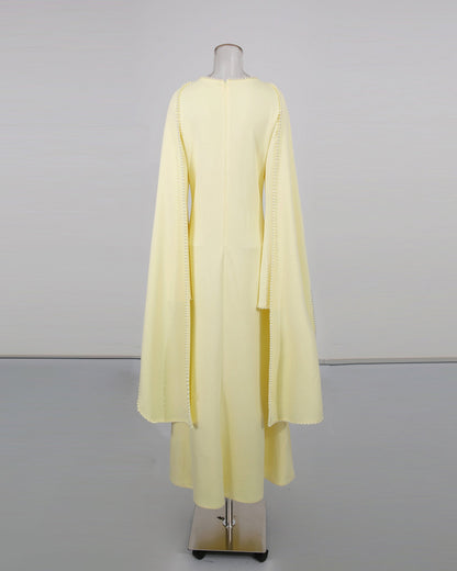 Yellow Maxi Dress with Pearl - Trimmed Cape Sleeves - SISPELL