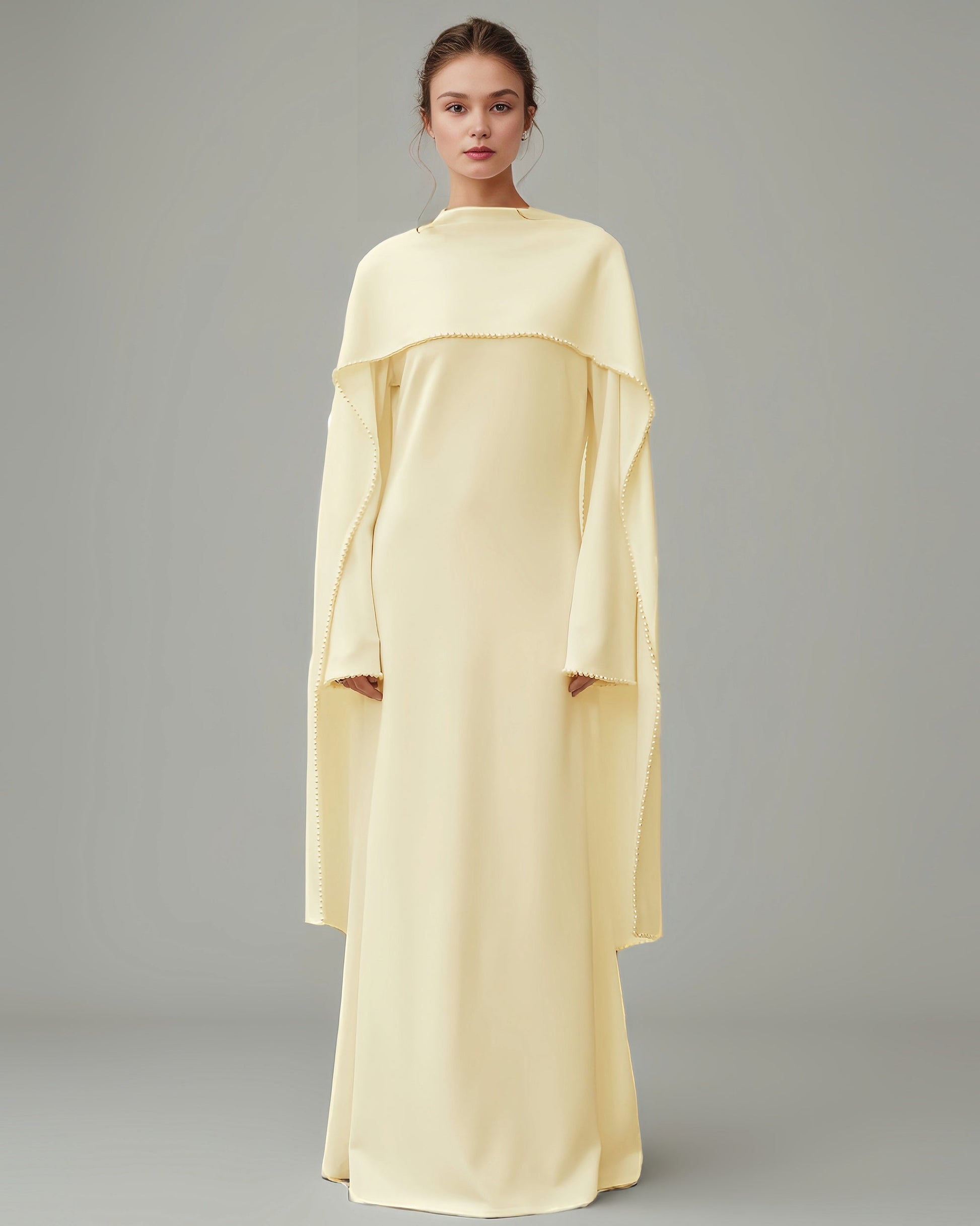 Yellow Maxi Dress with Pearl - Trimmed Cape Sleeves - SISPELL