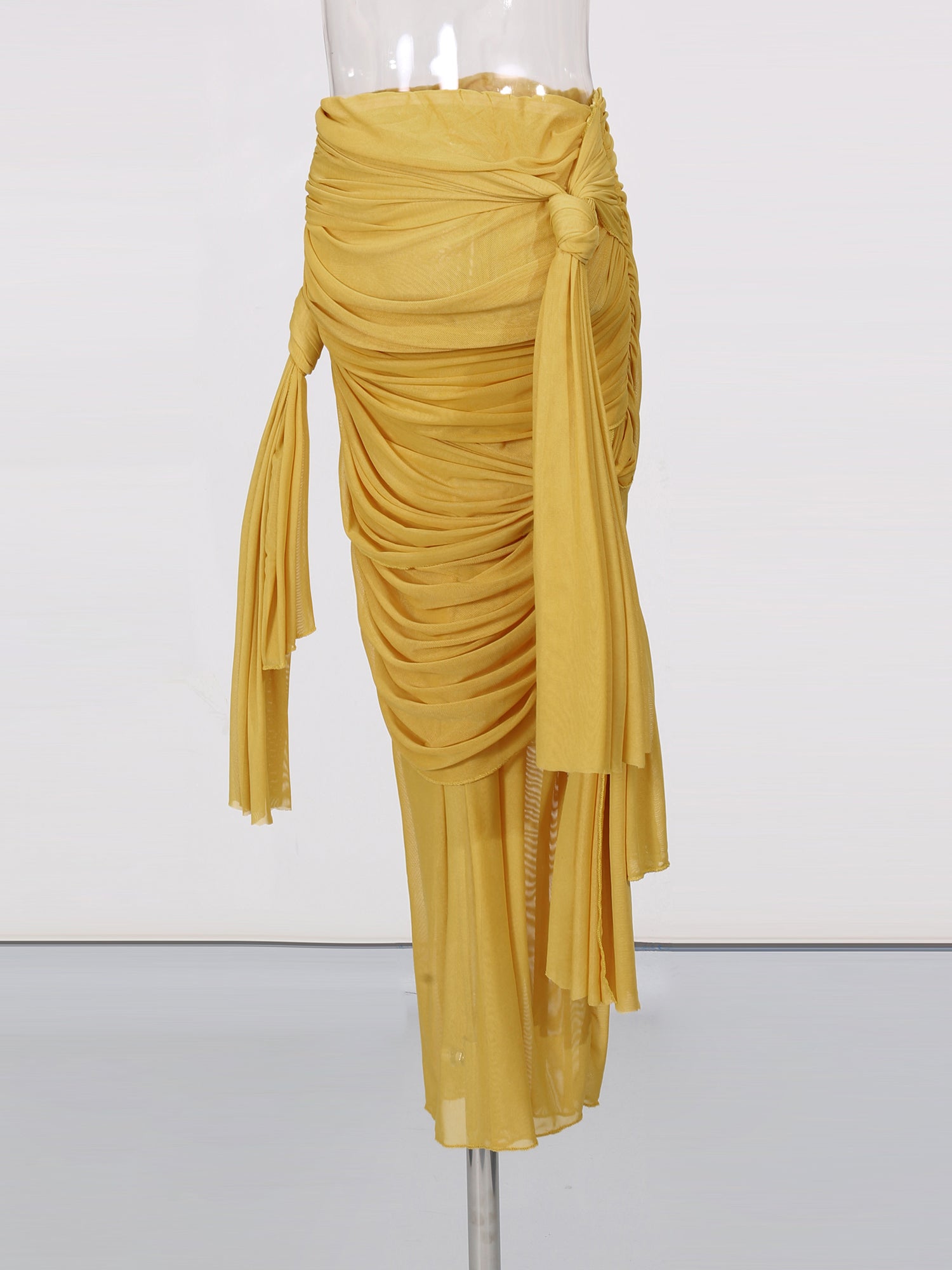 Yellow Ruched Mesh Midi Skirt with Knot & Draped Details - SISPELL