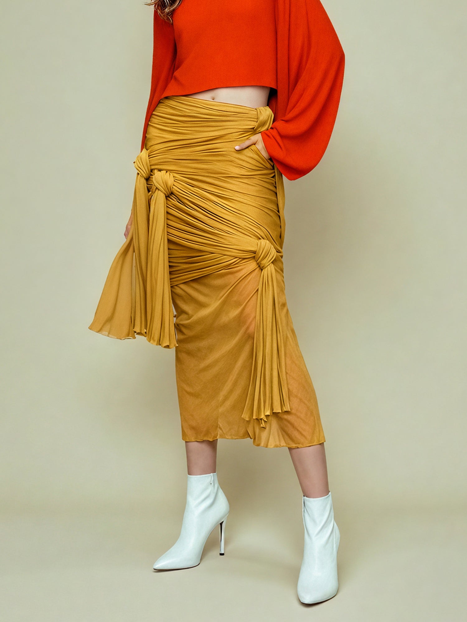 Yellow Ruched Mesh Midi Skirt with Knot & Draped Details - SISPELL
