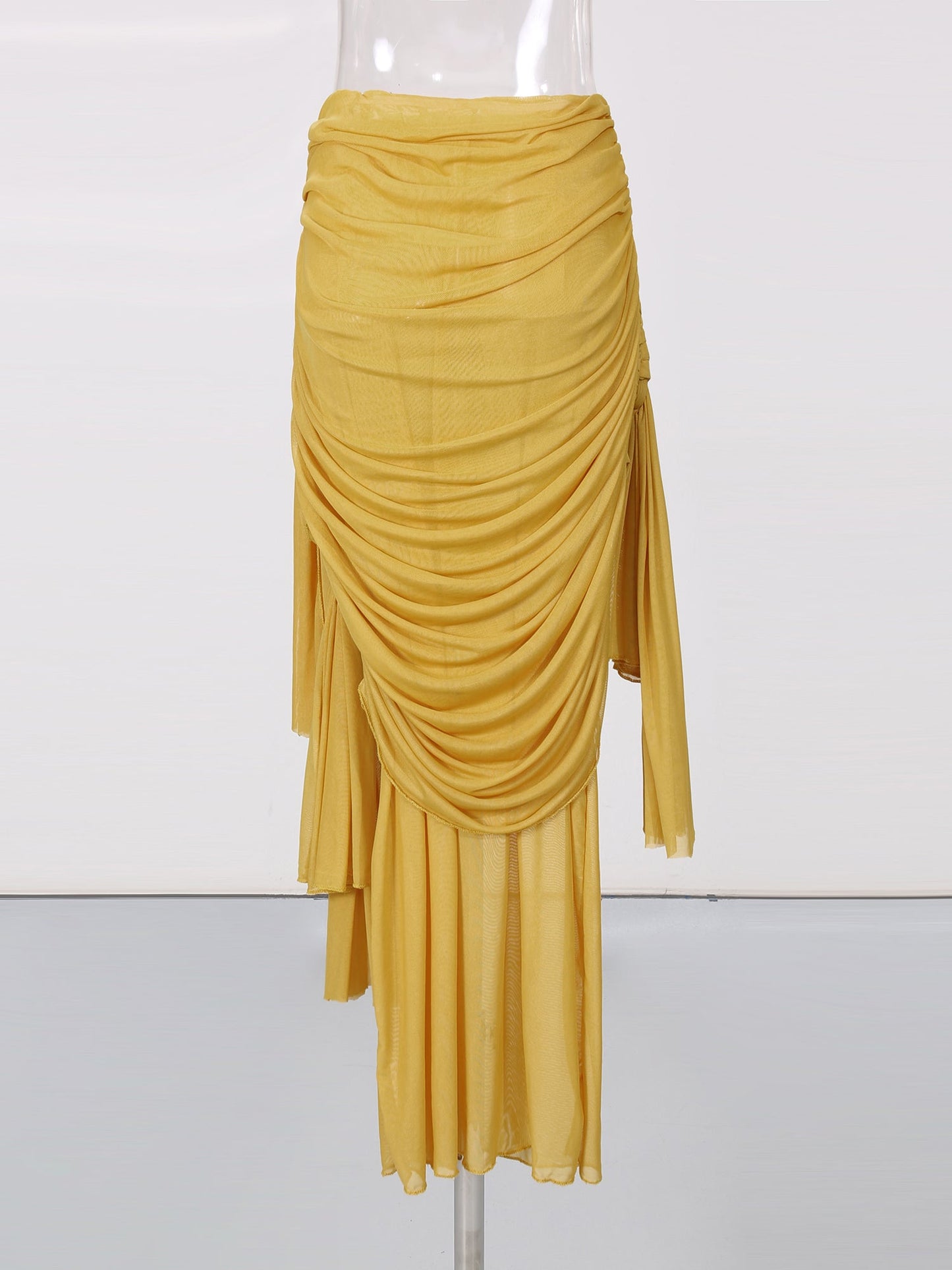 Yellow Ruched Mesh Midi Skirt with Knot & Draped Details - SISPELL