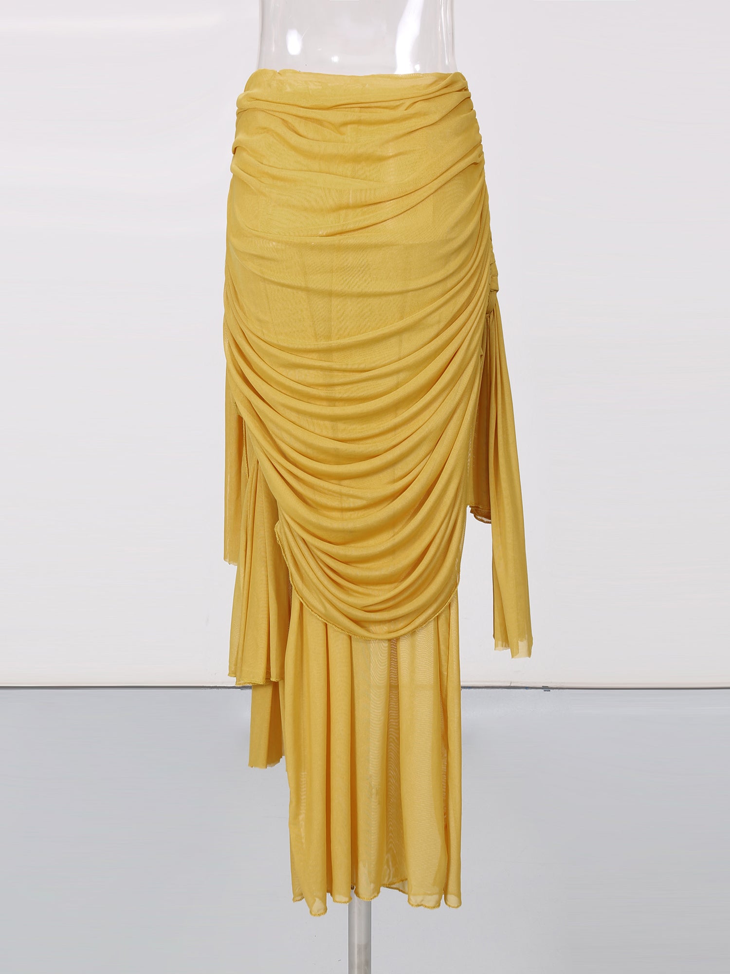 Yellow Ruched Mesh Midi Skirt with Knot & Draped Details - SISPELL
