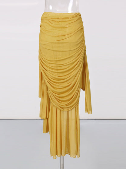 Yellow Ruched Mesh Midi Skirt with Knot & Draped Details - SISPELL