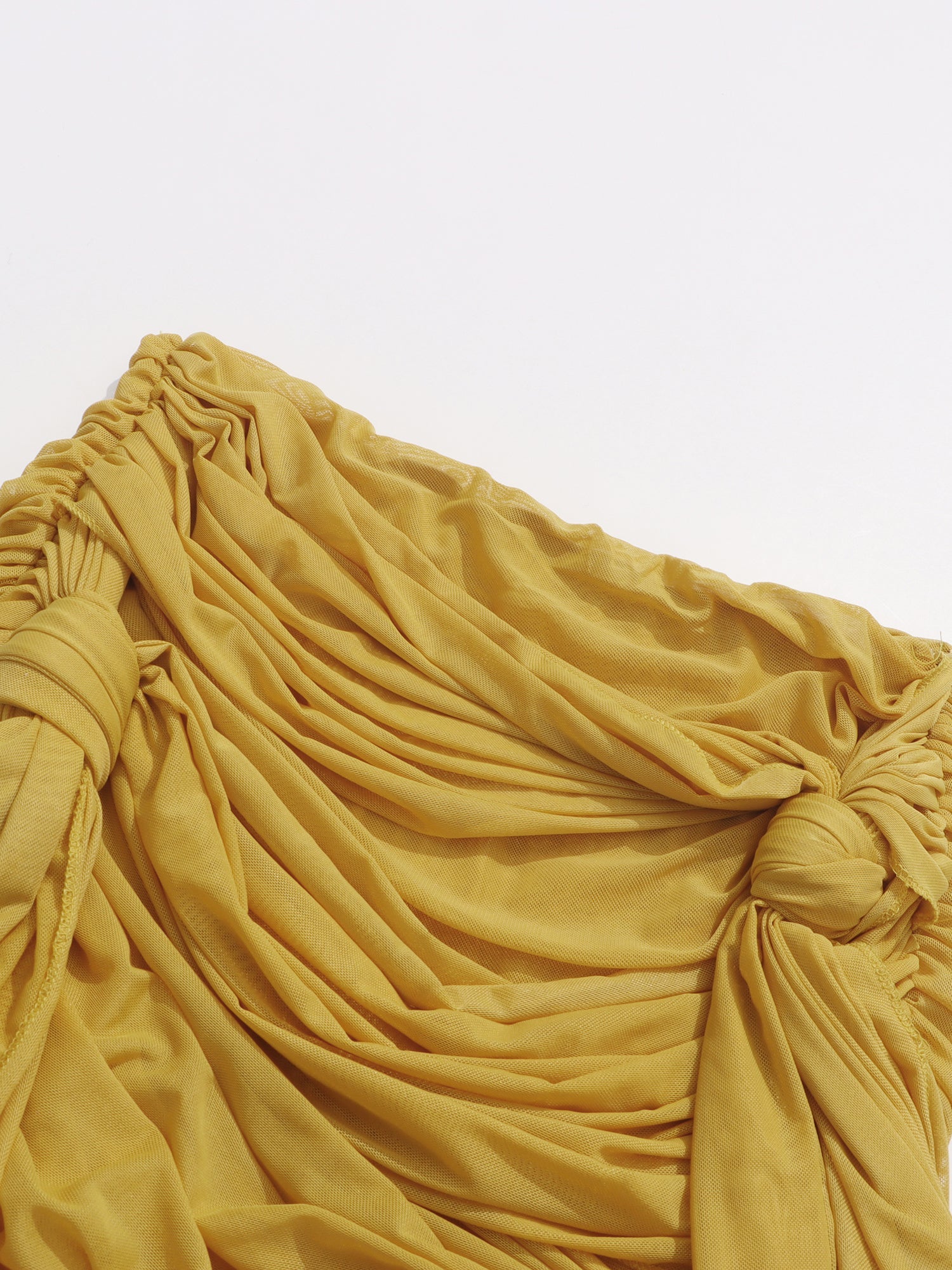 Yellow Ruched Mesh Midi Skirt with Knot & Draped Details - SISPELL